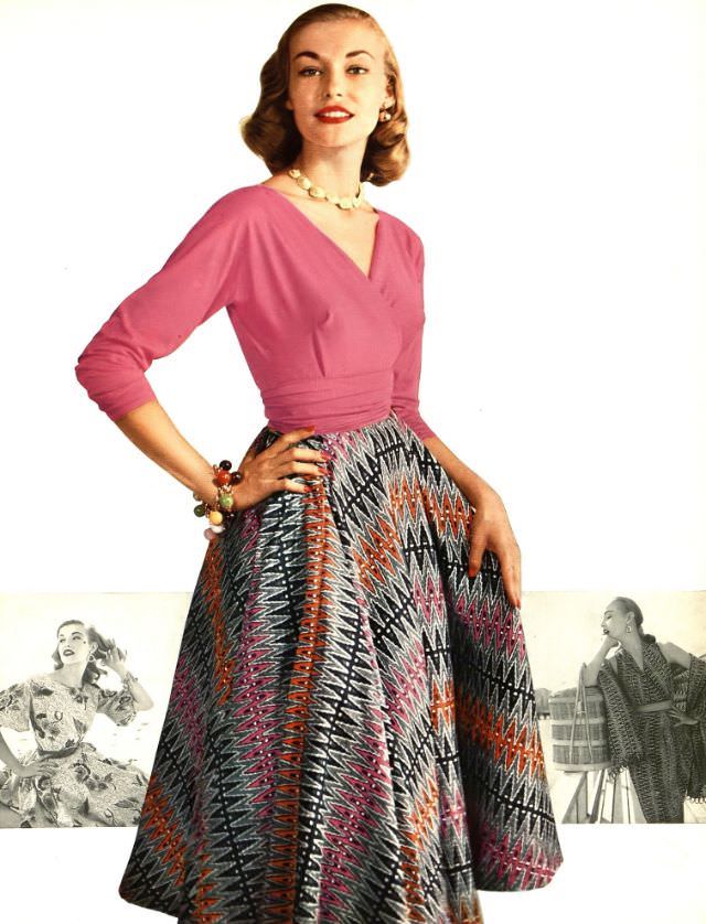 #12 Liz Pringle in batik print on Celanese silk surah skirt and jersey blouse by Lotte of Drewyn, Harper’s Bazaar, December 1951