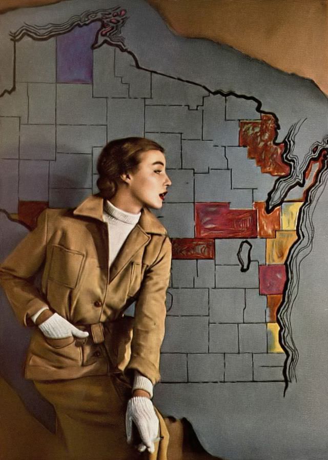 #3 Liz Pringle in camel-colored suéde jacket and wool skirt over white turtleneck, jacket by Leathermodes, skirt by Tilly Schanzer, cashmere sweater by Premier, Harper’s Bazaar, August 1949