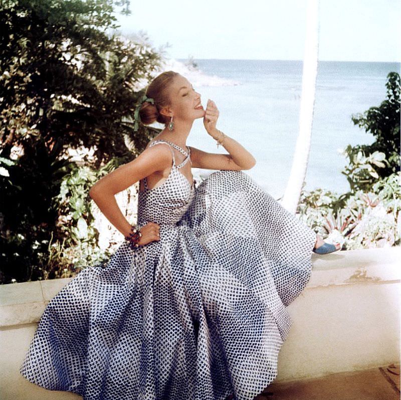 #32 Liz Pringle in blue and white silk print summer dress by Sophie Original, 1954