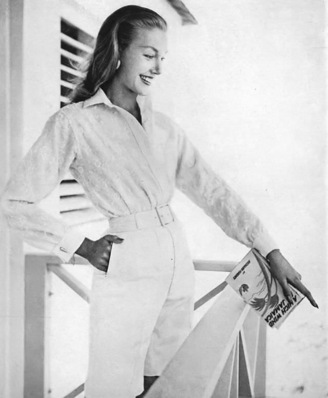 #34 Liz Pringle in linen embroidered shirt and knee-length linen shorts, June 1954