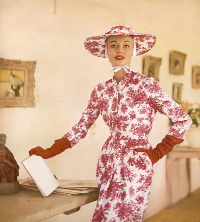 #39 Liz Pringle in floral print silk twill dress and jacket by Mollie Parnis, baby cap with same print cartwheel by Emme, April 1955