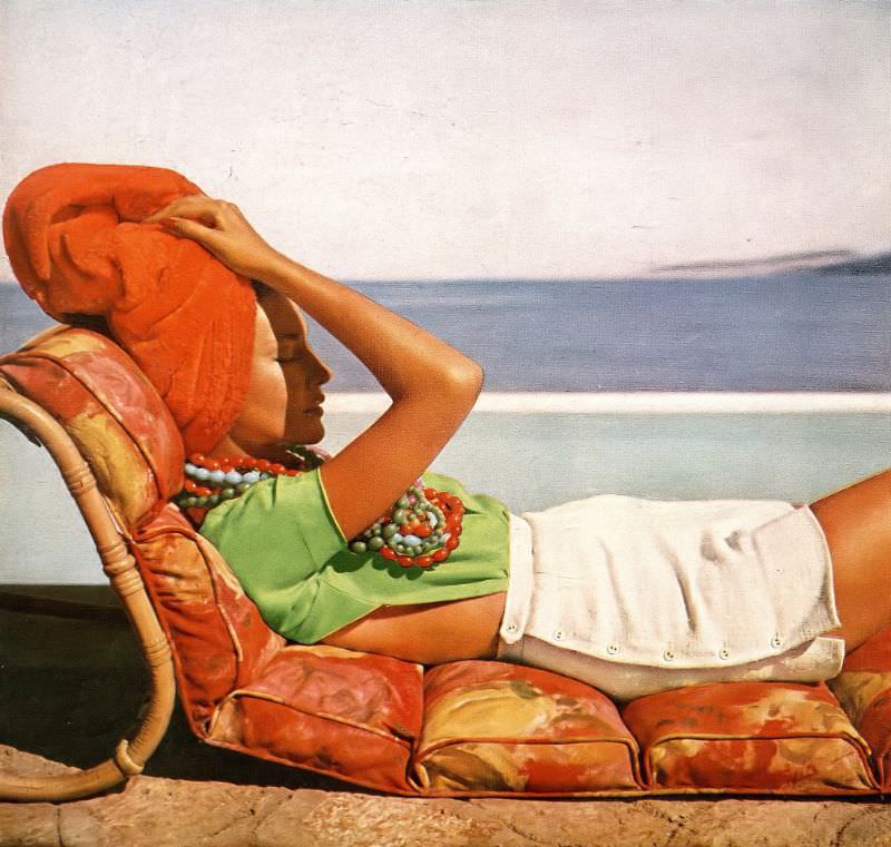 #41 Liz Pringle in bare-backed ‘half-shirt’ of green silk shantung tucked into white shorts by B.H. Wragge, May 1956