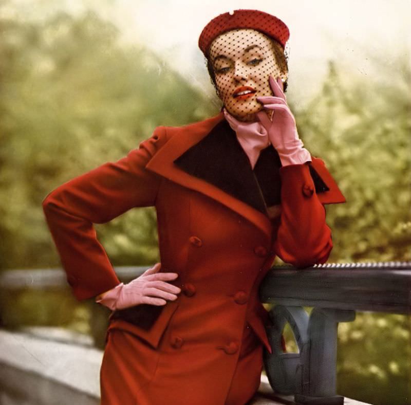 #6 Liz Pringle in Botany brand fabric coat designed by Philip Mangone, Harper’s Bazaar, August 1950