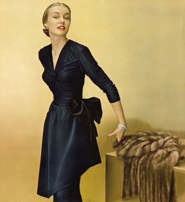 #8 Liz Pringle in Celanese chiffon jersey dress by Janet Taylor, Harper’s Bazaar, January 1950