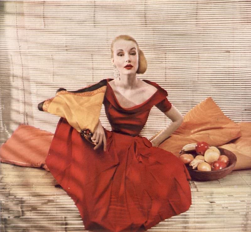 #9 Liz Pringle in red silk shantung dress, June 1950