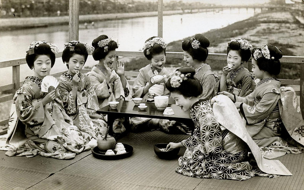 #2 A group of Maiko girls on a balcony overlooking the Kamo River in Kyoto, late 1910s