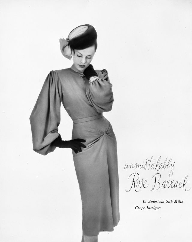 #15 Meg Mundy in silk crêpe dress by Rose Barrack, Harper’s Bazaar, October 1946