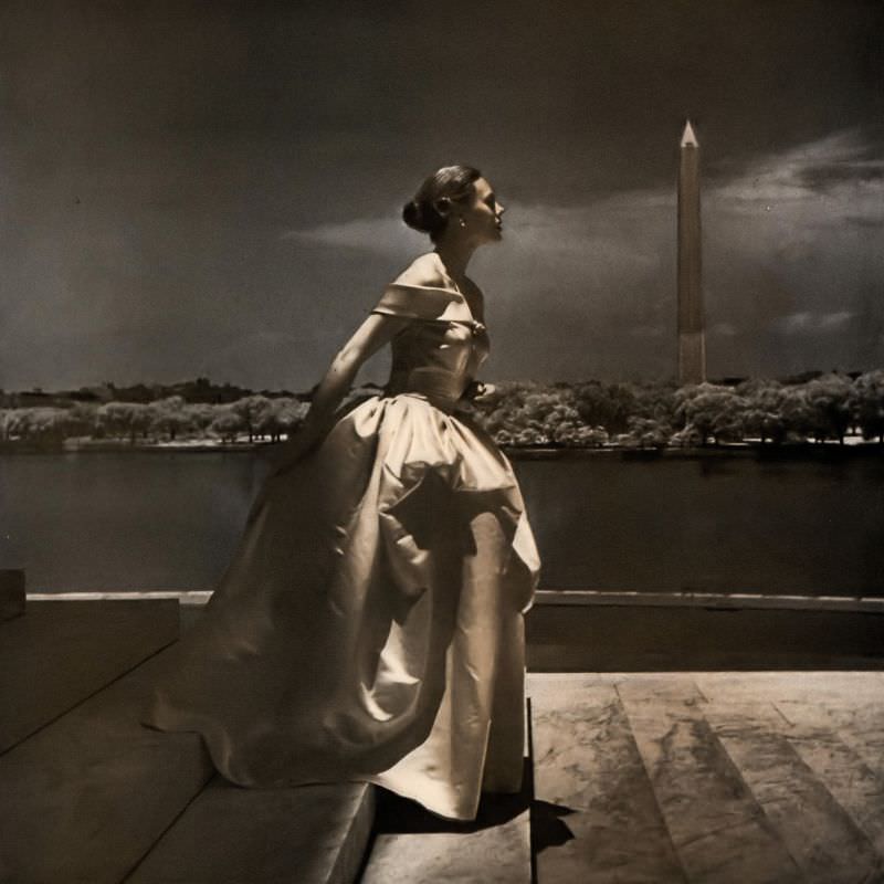 #18 Meg Mundy in beautiful slipper-satin gown by Nettie Rosenstein, Vogue, October 15, 1947