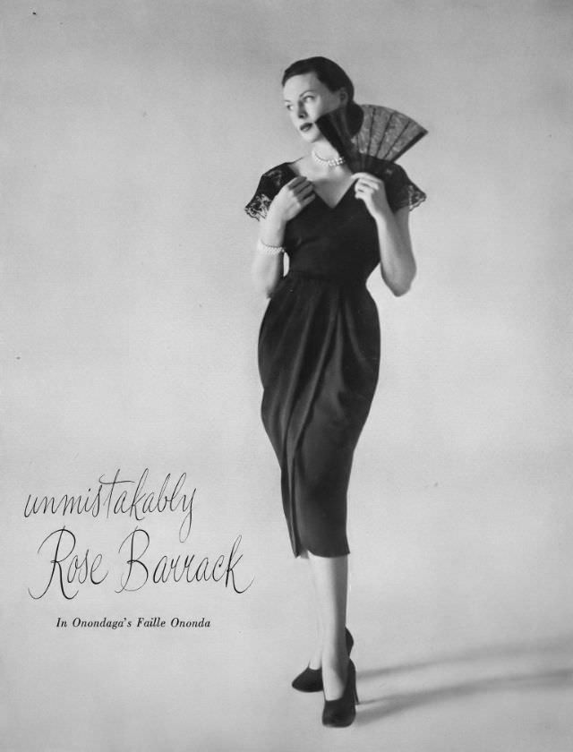 #21 Meg Mundy in black Onandaga faille dress by Rose Barrack, Vogue, February 15, 1947