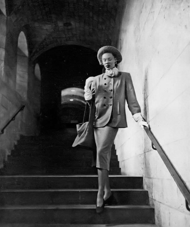 #24 Meg Mundy in brass-buttoned box jacket, slim skirt, Vogue, March 1, 1947