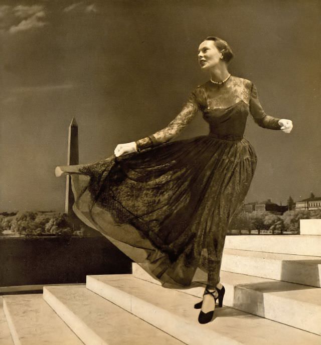 #27 Meg Mundy in lovely lace and net dress in ballerina-length by Ben Reig, Harper’s Bazaar, October 1947