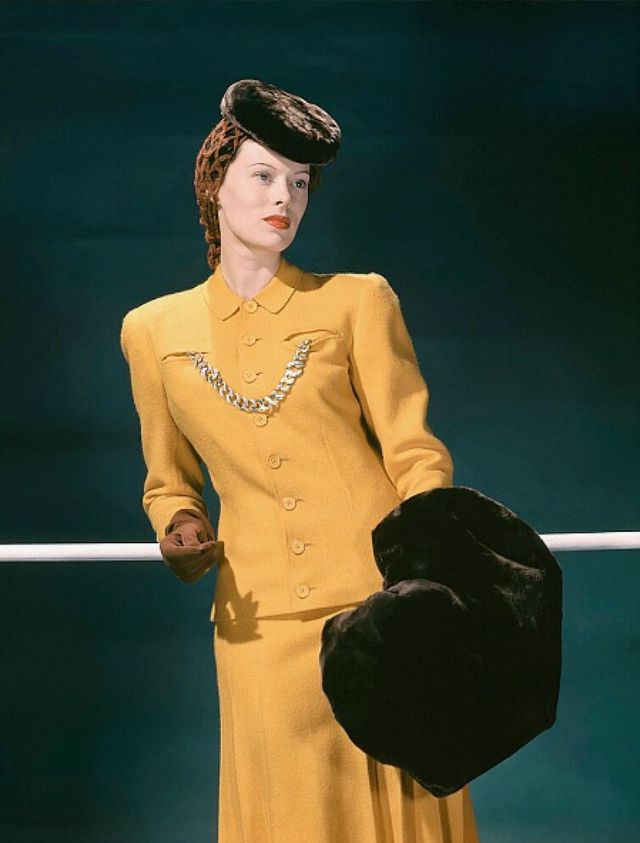 #4 Meg Mundy in a yellow wool suit, accessorized with brown sealskin hat and muff, Vogue 1941