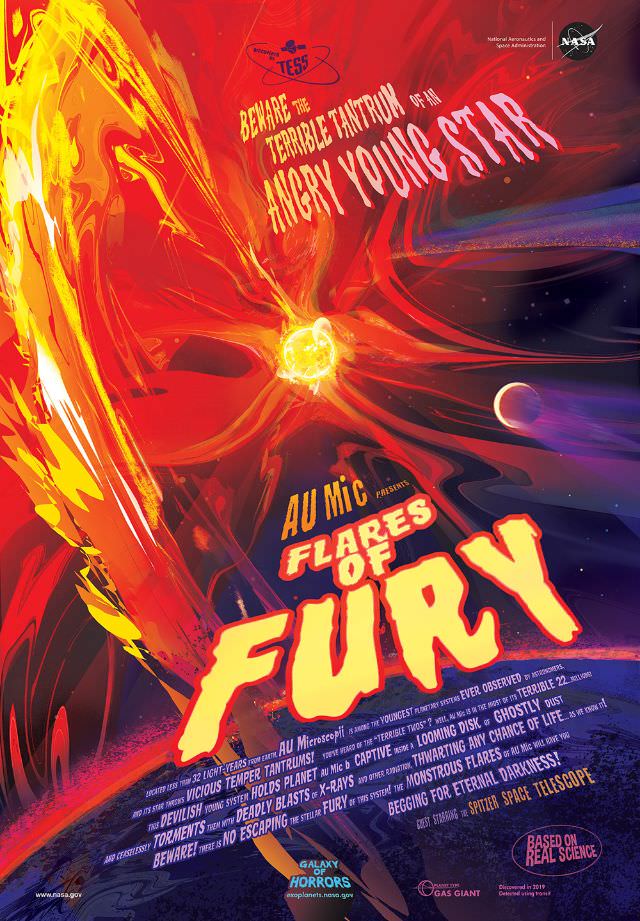 #3 Flares of Fury Located less than 32 light-years from Earth, AU Microscopii is among the youngest planetary systems ever observed by astronomers, and its star throws vicious temper tantrums!