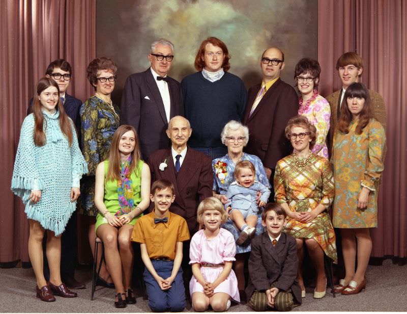 #8 Portrait of a large family of Mr and Mrs E. Johanson who are the two elderly individuals in the two middle seats of the middle row, August 10, 1971