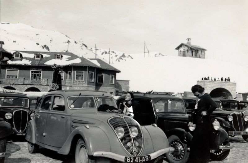 #17 Peugeot 402, parking lot, Sestrière, Italy, March 1938