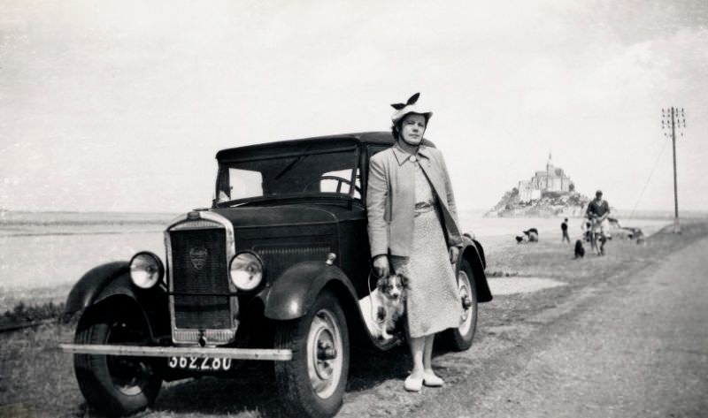 #30 Peugeot 201, causeway, Mont Saint-Michel, Normandy, France 1952