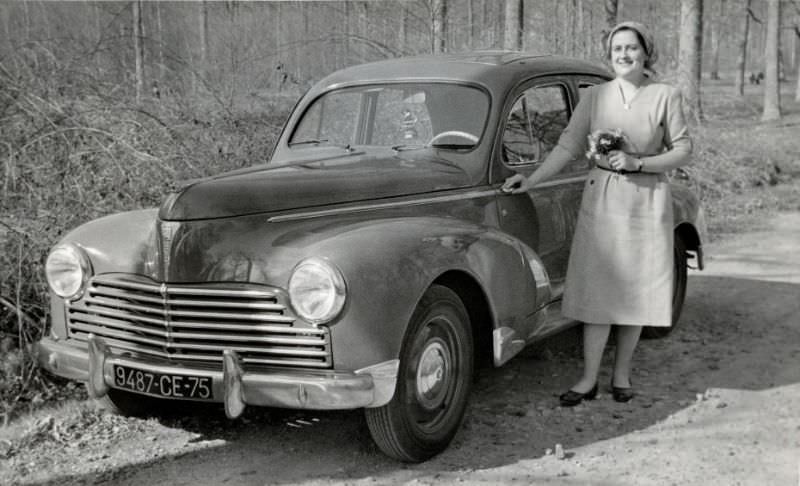 #34 Peugeot 203, forest, Paris, France, April 16, 1954