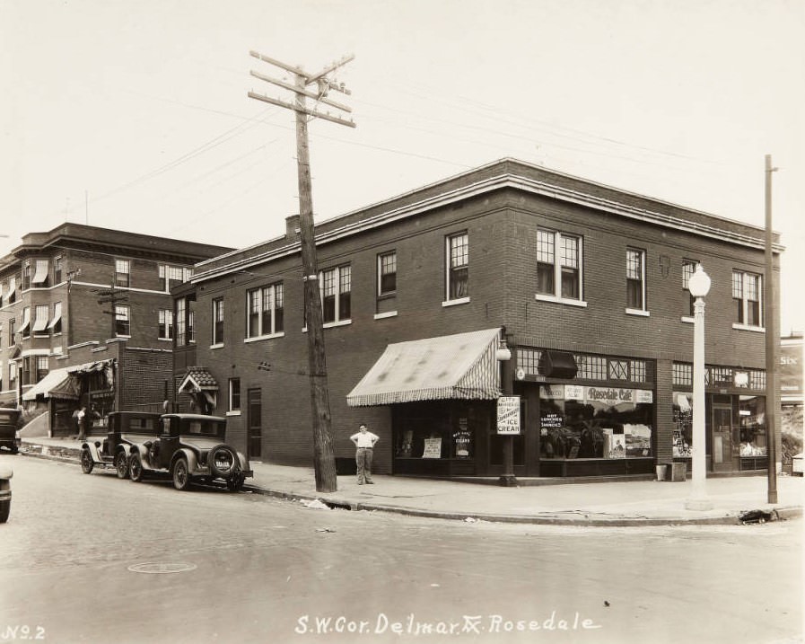 #38 The Rosedale Cafe at the intersection of Rosedale and Delmar in 1920.