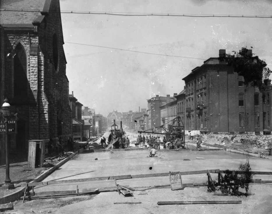 #201 View of major street work on Washington Blvd. looking west from Compton Ave. in Midtown, 1927