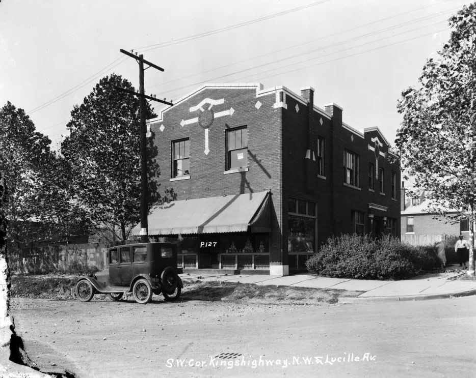 #73 Brick storefront with unusual brickwork at 5429 Kingshighway N.W., which was a Kroger grocery store when the photo was taken. Address is now 5429 Riverview Blvd, 1927