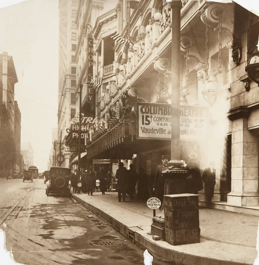 #15 Columbia Theatre, located at 421 N. 6th Street, featuring a marquee advertising continuous vaudeville and photo play shows, 1920