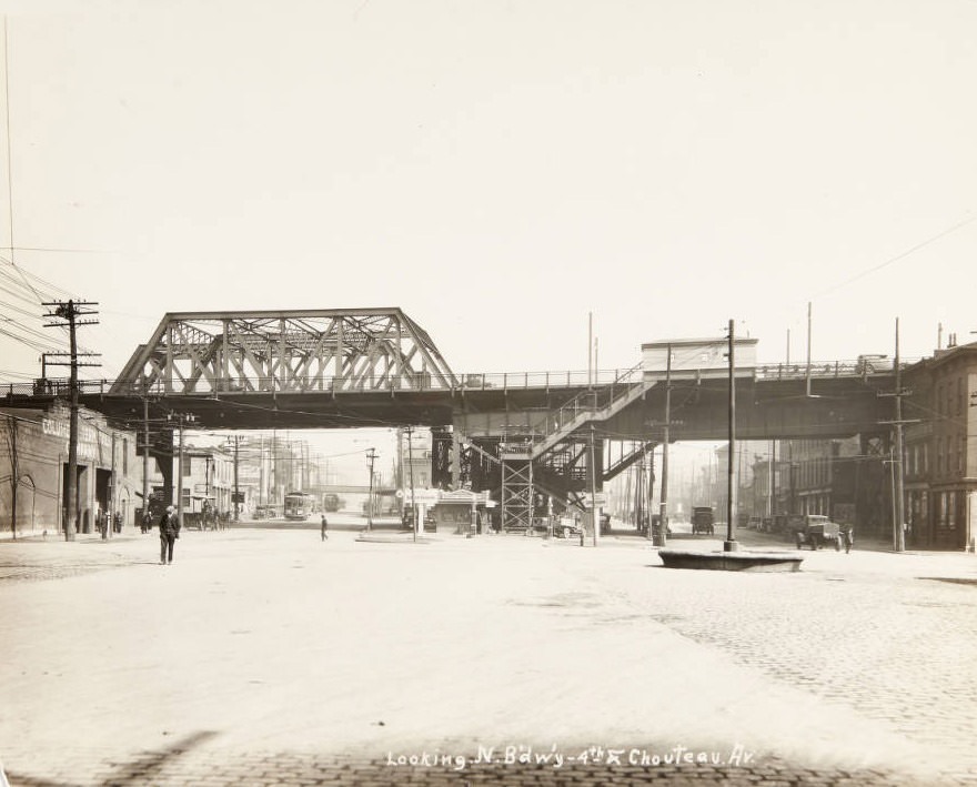 #98 Early section of the Municipal Bridge (now known as the MacArthur Bridge spanning 4th and Broadway near their intersection with Chouteau Avenue, 1920