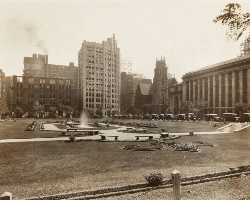 #27 Lucas Gardens Park in 1920, with a view of the Shell Building, Christ Church Cathedral, and Central Library.