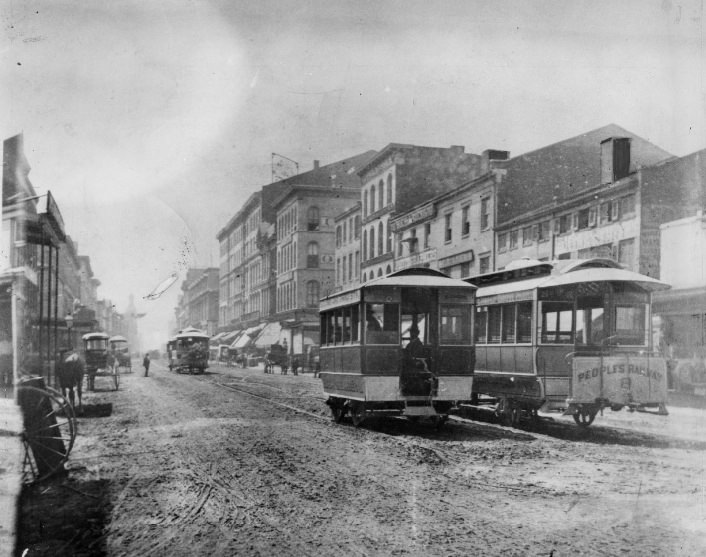 #137 The “end of the line” of the old horse cars, showing a view of Fourth street south from Delmar, 1940