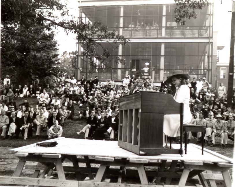 #31 Miss Pickens singing to soldiers in front of the Station Hospital at Jefferson Barracks, date unknown.