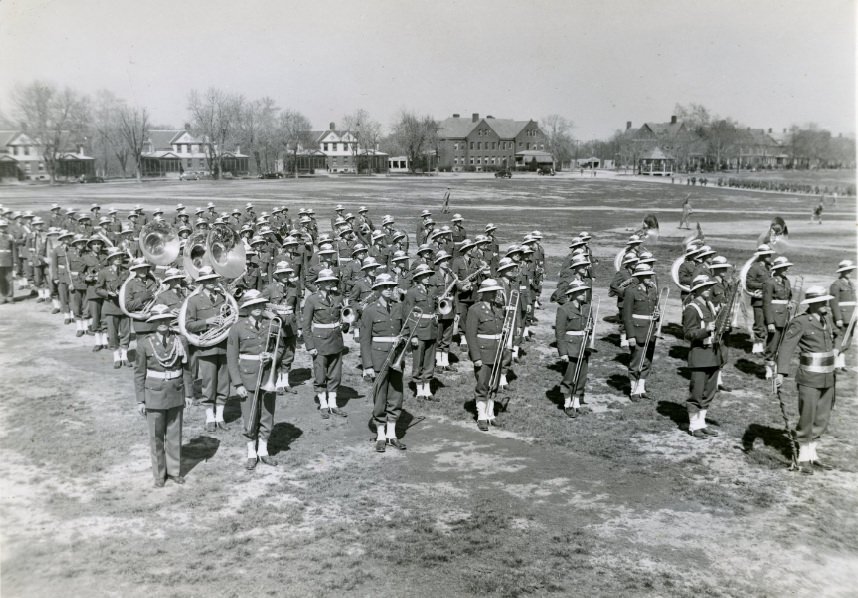 #39 Marching band performing at Jefferson Barracks, April 1942.