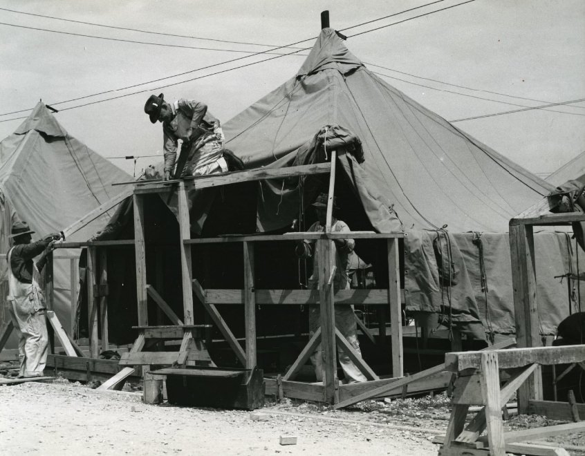 #16 Workmen constructing tent frames at Jefferson Barracks, 1941.