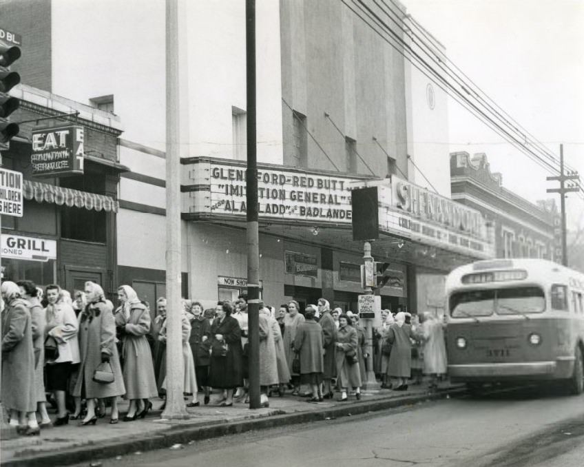 #140 Throngs of women pour into the Shenandoah Theater (above) for two films on cancer presented at 23 St. Louis area theaters by The Globe-Democrat and the American Cancer Society’s St. Louis and St. Louis County unit, 1959