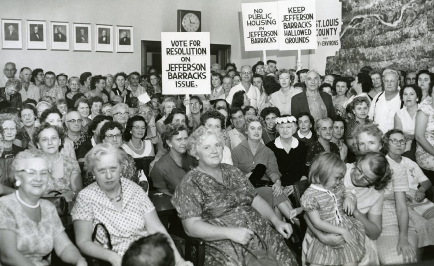 #229 Overflow crown protests Jefferson Barracks housing project, 1950