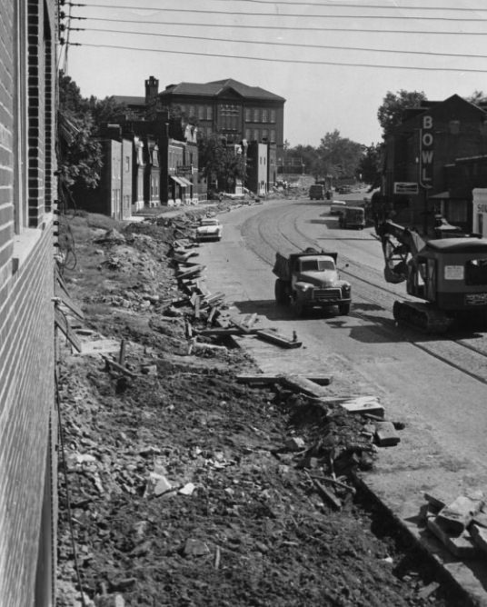 #61 Work progresses on the widening of South Broadway at its intersection with Jefferson and Chippewa, 1950