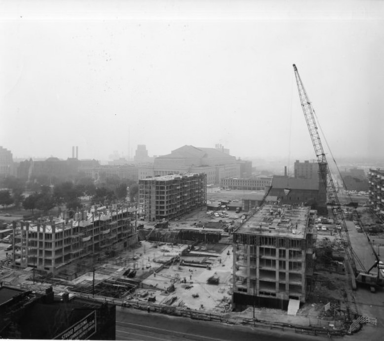 #33 Plaza Apartments – Construction, elevated view, 1950
