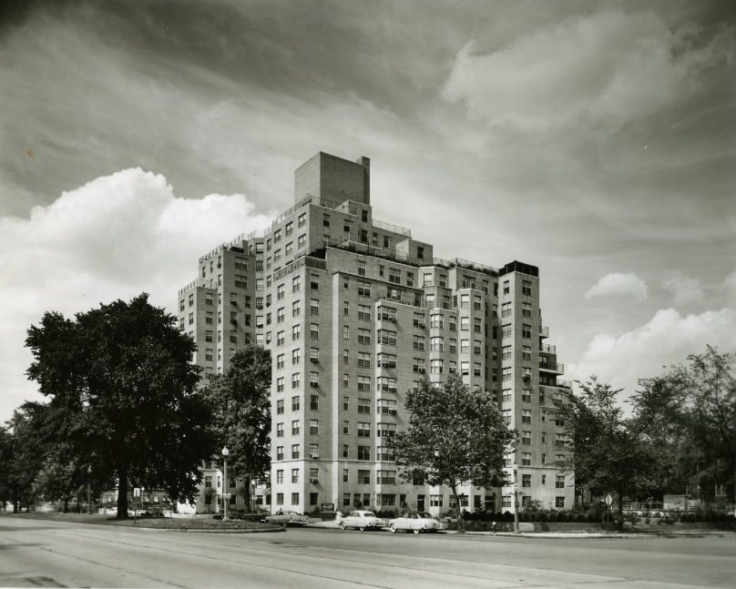#68 Montclair Apartments – Exterior view of building, 1953