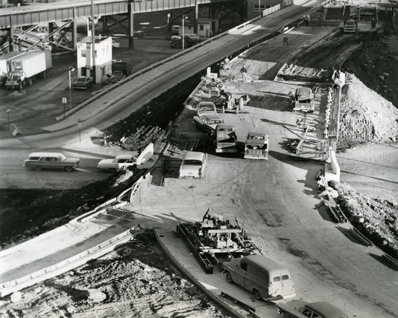 #99 Work progresses on the new approach to link MacArthur Bridge directly to Chouteau avenue between Seventh and Eighth streets, 1960