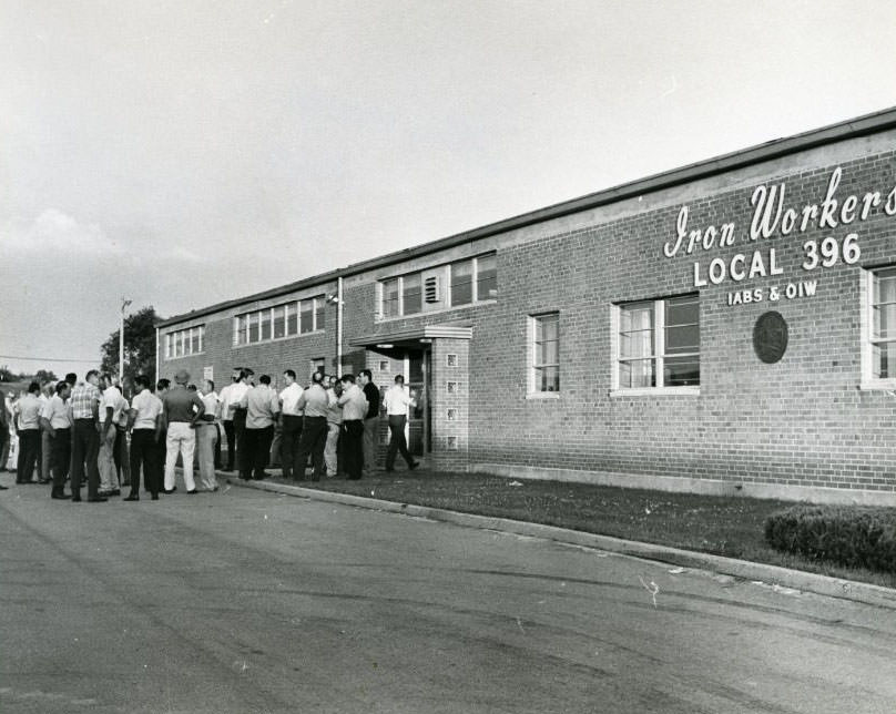 #114 Iron workers going into the Iron Workers Union Hall for a meeting, 1960