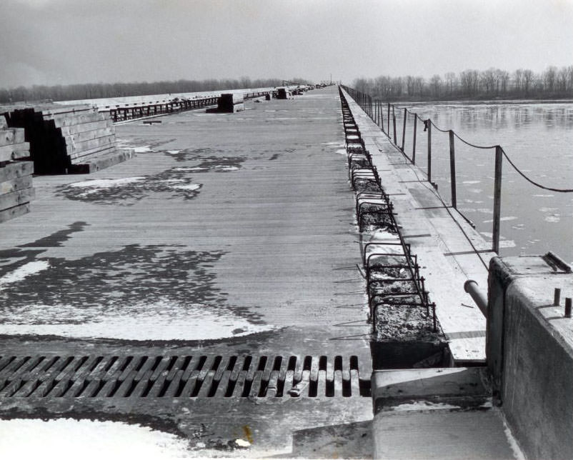 #79 The railings along the eastbound lanes of the new Chain of Rocks Bridge (Interstate 270), which spans the Mississippi River in North St. Louis, 1960