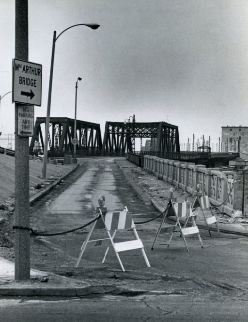 #87 Barriers stop motorists at the 7th Street approach at the MacArthur Bridge, 1979