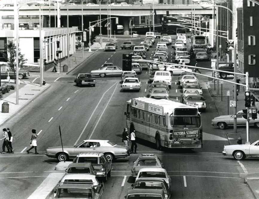 #94 The traffic situation on Convention Plaza at about 4:45 p.m. Friday. The photo was taken from the 8th Street pedestrian overpass, looking east, 1978