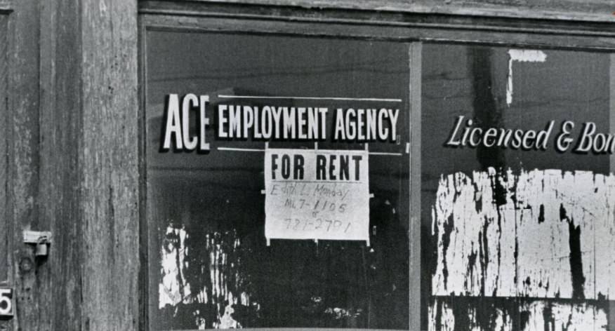 #150 A window in the 3300 block of Olive Street, there are either no jobs available or there are no unemployed, 1976
