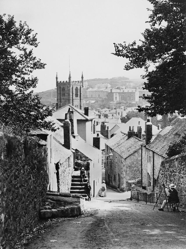 #7 A view looking down Barnoon Hill toward the town. The entrance to Ayr Lane can be seen on the right, St. Ives, Cornwall
