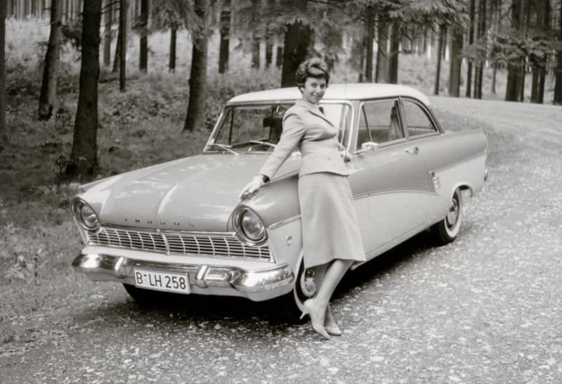 #38 Ford Taunus 17 M De Luxe, gravel road in a forest, West Berlin, 1958