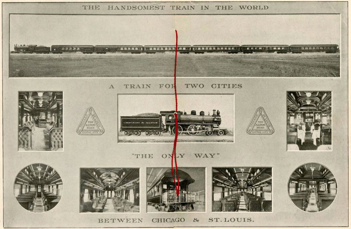 A spread from the Chicago &; Alton pamphlet, “The Largest Photograph in the World of the Handsomest Train in the World,” including Lawrence’s image of the train.
