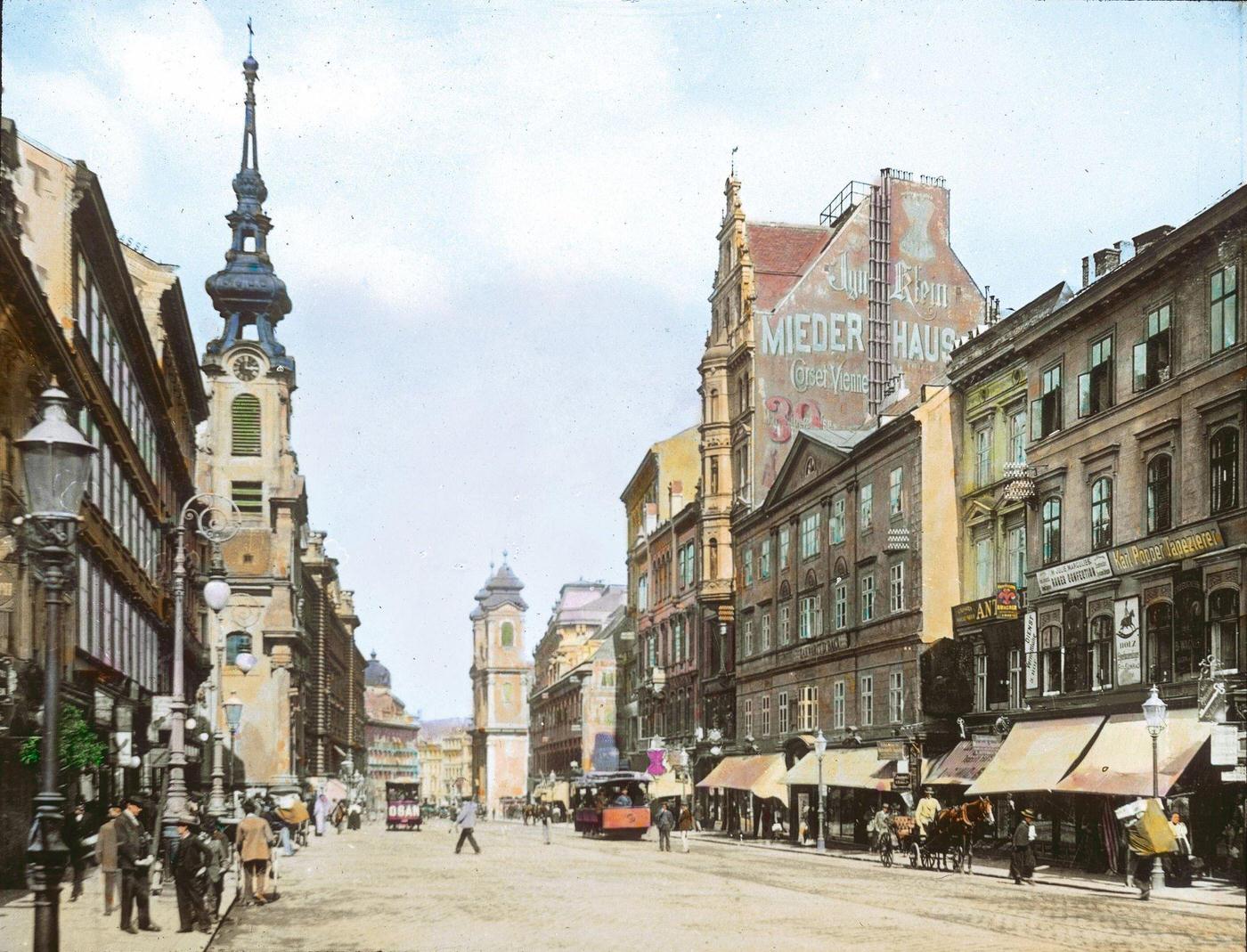 #69 Mariahilferstrasse, with the old Laimgrubenkirche in the background. Vienna’s 6th district, 1905.