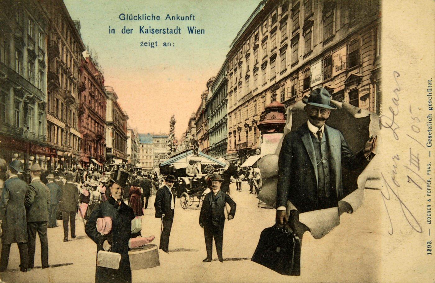 #89 Vienna with mounted accessories, indicating “Happy arrival in the imperial city of Vienna” from 1905.