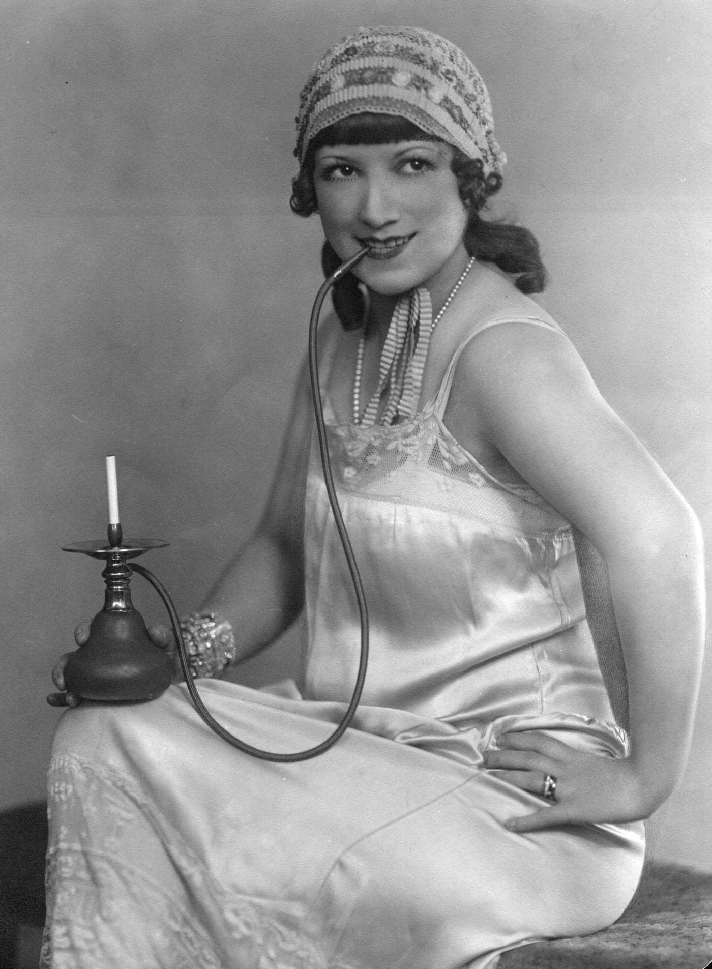 #33 Night Smoke, 1925: A Woman in Nightwear, Smoking a Hookah Pipe