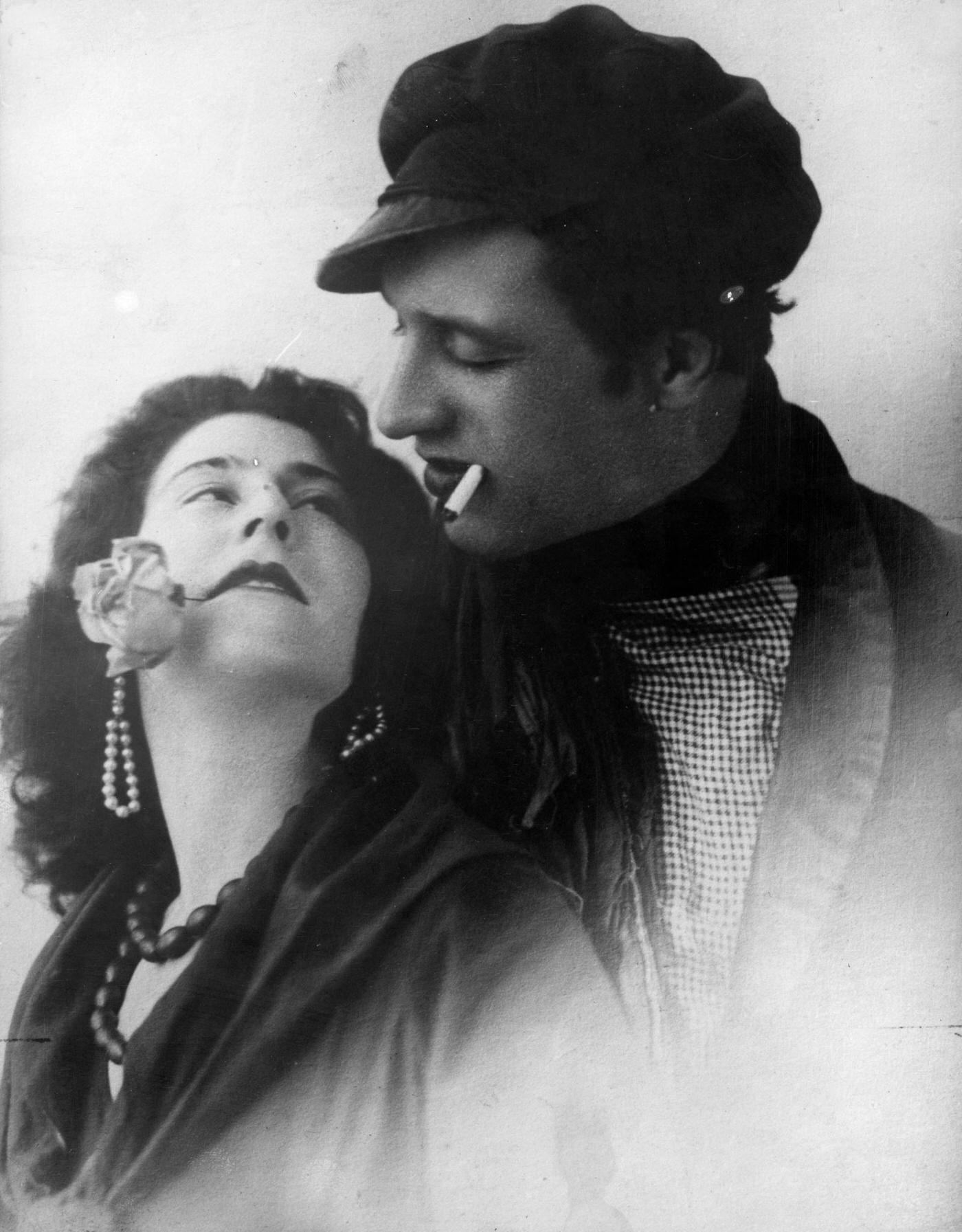 #34 Seductive Gaze of a Couple in Love, 1925: Cigarette, Rose, and Intense Connection