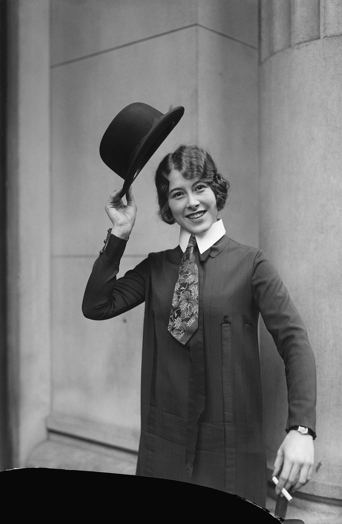 #37 Flapper with Necktie and Bowler Hat, London 1925: Embracing Bold Fashion with a Cigarette